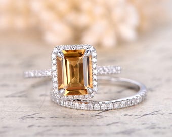 Citrine Engagement Ring Set 6x8mm Emerald Cut Citrine Ring and Diamond Wedding Band Half Eternity band Bridal Wedding ring set 14K W/G