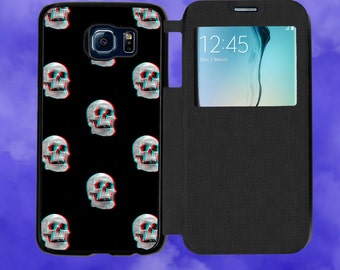 Trippy Skull Pattern Halloween Phone Case for Samsung Galaxy S6, S6 Edge, S7, S7 Edge Flip Case with Free Tempered Glass Screen Protector