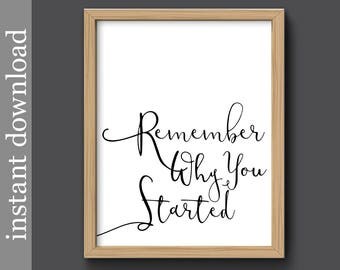 Inspirational Print, Remember Why You Started, inspirational quote, dorm art, office art, motivational quote, writer gift, printable quote