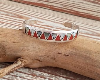 Native American Sterling silver cuff bracelet coral mother of pearl inlay cuff SIGNED Gene C* 5 7/8" bracelet OL2342
