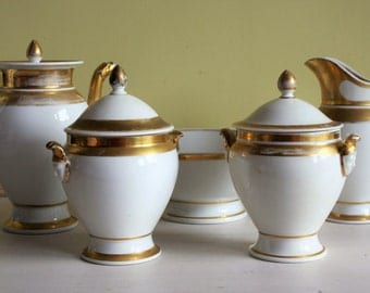 Old Paris' French Gold Gilded Coffee Service, Empire period, 1800-1820, lidded sugar bowls, large bowl, coffee pot, large milk jug, antique