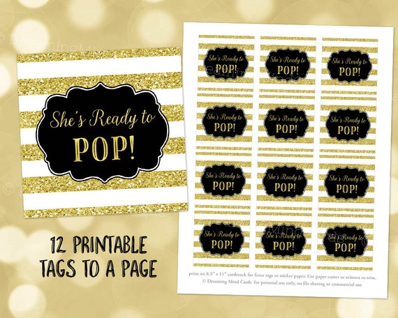 Printable She's Ready to Pop Favor Tags Gold Glitter
