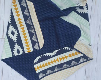 Navy Blue Tribal Minky Baby Blanket- baby blanket for boy, baby shower gift, minky baby blanket, baby bedding, stroller blanket, modern baby