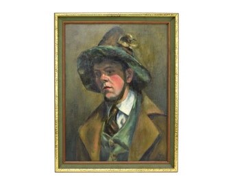 Vintage Oil Painting Young German Man w Chin Beard Wearing Tyrolean Hat