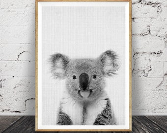 Baby Shower Gift, Koala Bear Print, Nursery Animal, Printable Instant Download, Black White Grey Gray Decor, Kids Room, Modern Poster