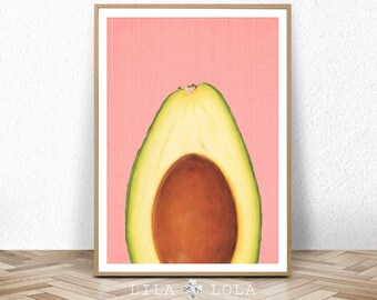 Kitchen Wall Art Print, Avocado Poster, Tropical Fruit Decor, Large Printable Poster, Digital Download, Modern Minimalist, Pink and Yellow