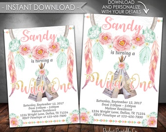 Dreamcatcher Teepee Invitation, Wild One Birthday Invitation, Dream Catcher Invitation, Coachella, Pink Teal Gold, Instant Download #394