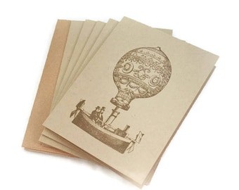 Blank Note Card Set, Hot Air Balloon, Steampunk Style, Note Card Set, Vintage Style Note Cards, Notecard Set, Airship Cards, Any Occasion