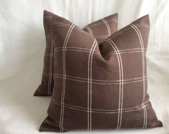 Pair of Designer Pillow Covers - Classic Windowpane Check - Brown/ White - 2pc Set - 18x18 Covers
