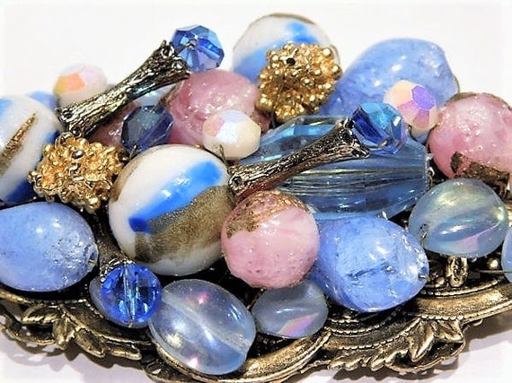 Miriam Haskell Style Art Glass Statement Brooch Vintage Hand Crafted Artisan Made Glass Bead Beaded Brooch Wedding Bride Bridal Jewelry