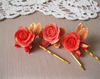 Coral bridesmaid hair pins Coral hair accessory Coral wedding bobby pins Rose gold bridal hair piece Coral hair flower Coral hair piece
