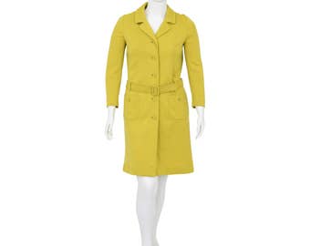 70's Vintage Women's L 100% Wool Chartreuse Green Mod Utility Jacket Trench Coat