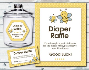 Bumble Bee Baby Shower Diaper Raffle Ticket And Diaper Raffle Sign, Printable Bumble Bee Diaper Cards And Sign, Bee Baby Shower Games