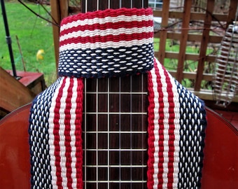 Hand Woven Guitar Strap, Banjo Strap, "American Flag" , Handmade Leather Ends, Free Leather Headstock Strap Holder or Banjo Strap Adapters
