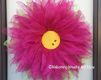 Pink Daisy Wreath, Flower Wreath, Spring Mesh Daisy Wreath, Flower Wreath, Pink Flower Wreath, Daisy Door Wreath, Spring Wreath