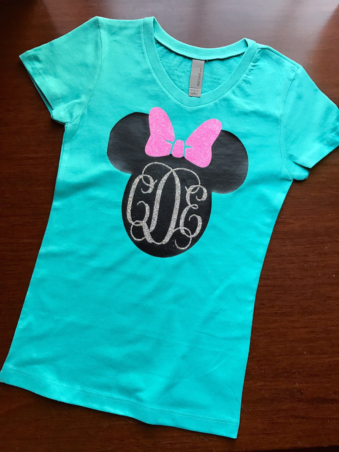 Little Girls disney shirt Teal with pink glitter bow