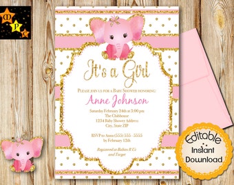 Pink and Gold Baby Shower Invitation, Girl, Elephant, INSTANT download, EDITABLE in Adobe Reader, DIY, Printable, 5"x7"