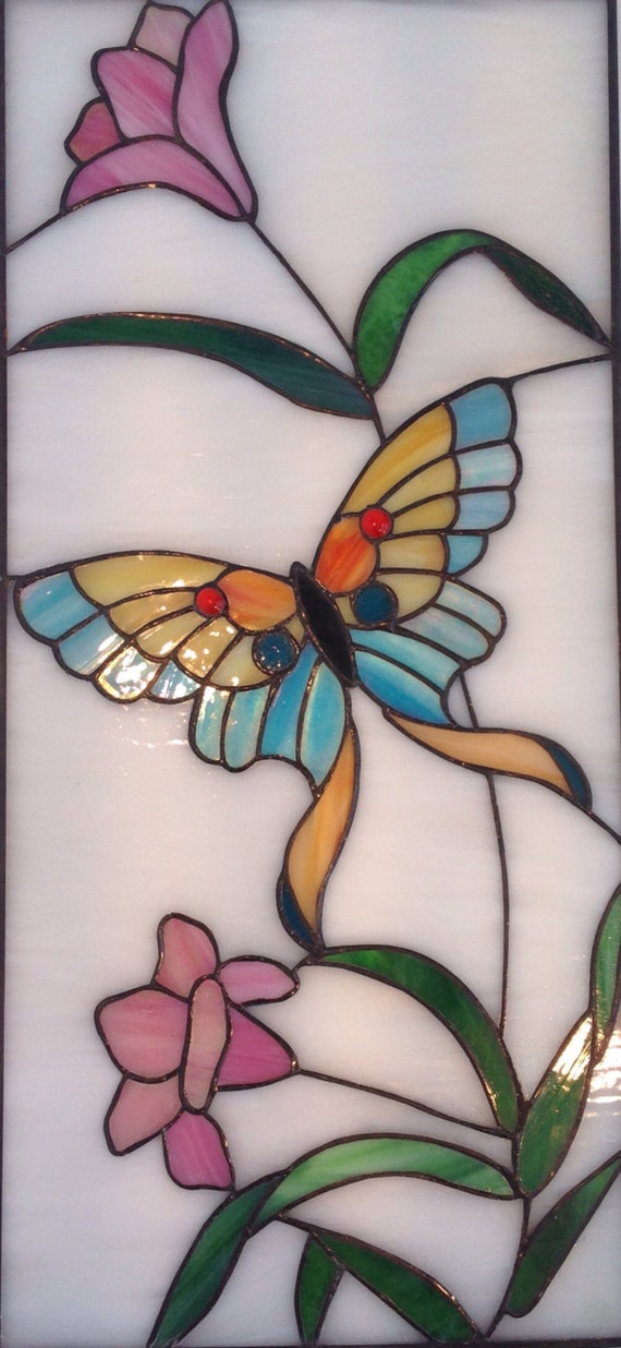 Items similar to BUTTERFLY STAINED GLASS Glass Art Panel Stained