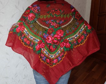 Large Floral Shawl, big lurex shawl, dark-red scarf, vintage Russian fine wool wrap, huge lightweight thin rustic shawl, Foulard Russe