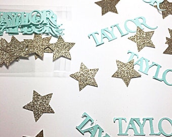 Custom confetti. Name confetti. Birthday confetti. Gold glitter confetti. Personalized confetti. Mint green confetti. Party decorations