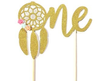 1 pc ONE flowers dreamcatcher cake topper bohemian native boho tribal Theme Gold Glitter for first Birthday baby boy girl