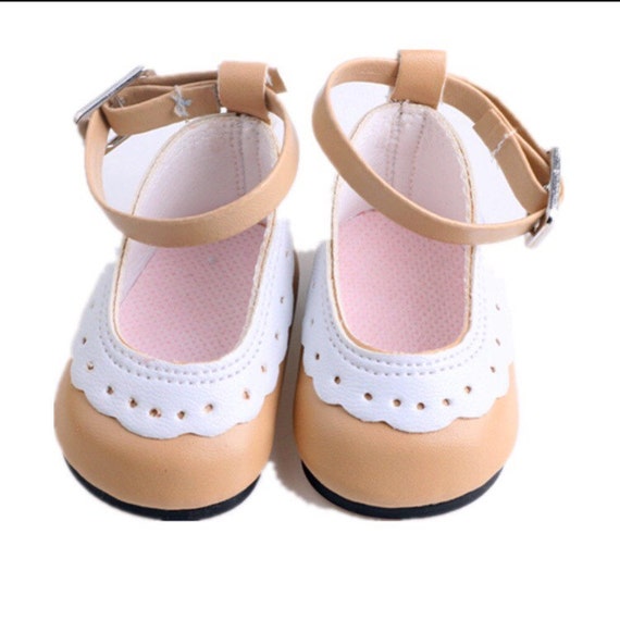 18 Inch Doll Size Shoes Beige Tan and White Saddle