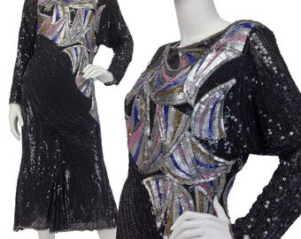 Vintage Clothing, Sequin Dress S M, 20s Style Dress, Beaded Dress, Flapper Dress, 80s Dress, Long Sleeve Dress, Sequin Midi Dress, SIZE S M