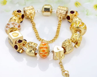 Pandora style European charm bracelet Gold plated with the key charms beads theme Love Charm ''PANDORA STYLE CHARMS''