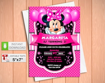 Printable invitation Minnie Mouse pink party in PDF with Editable Texts, Minnie Mouse Pink party Invitation, edit and print yourself.