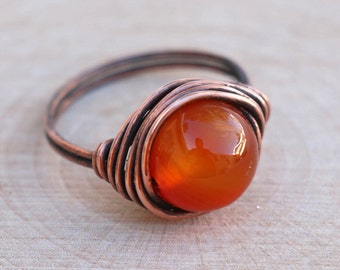 Carnelian Ring, Crystal Ring, Gemstone Ring, Wire Wrapped Crystal, Healing Crystal, Boho Crystal Ring