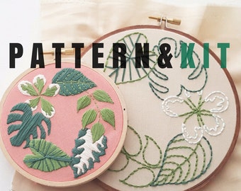 Hand Embroidery KIT: Tropical Plants - Beginner Needlepoint Design - Modern Contemporary Embroidery Pattern - Satin Stitch Plants