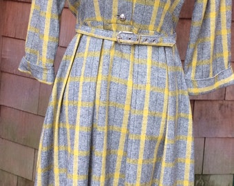 1950's plaid wool dress peter pan collar mustard yellow grey black