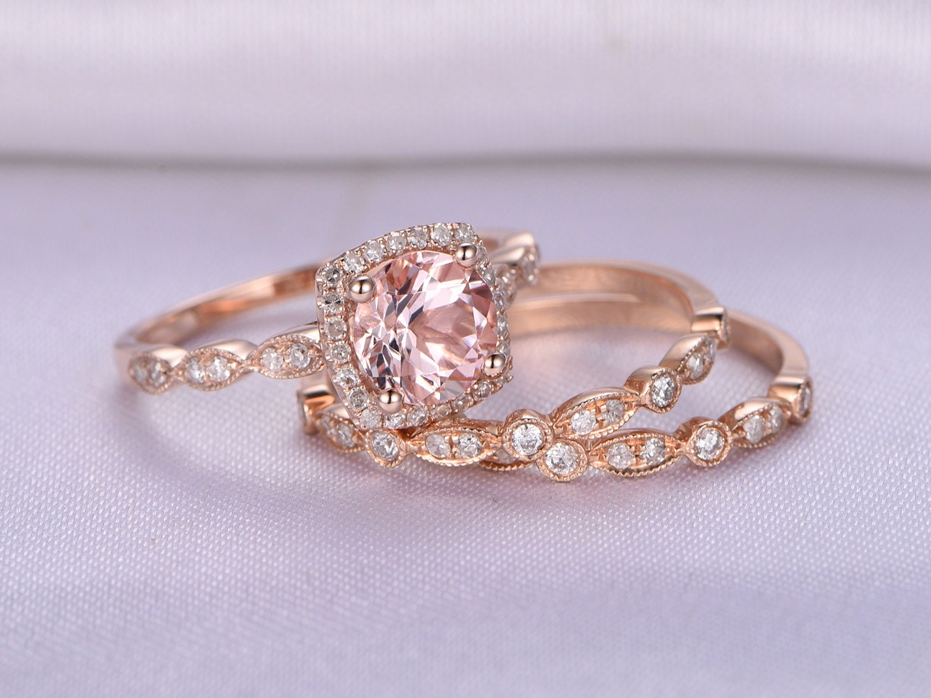 3pcs Wedding Ring SetMorganite Engagement ring7mm Round