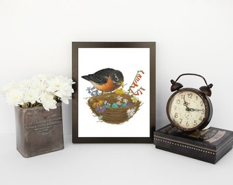 watercolor print, robin painting print, robin with nest, bird with nest, robin eggs in nest, wildflower nest, nature art print, nest art