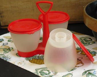 Vintage Red Tupperware Condiment Server with Lids, Serving Tray, Plastic Condiment Caddy, 3 Containers, 3 Lids, Summer Set, Picnic Companion