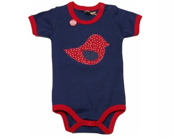 Baby Bodysuit short sleeve in dark blue from which factory in Dusseldorf with a birdie sheathed Bittersüß-Babystrampler-3-18 months
