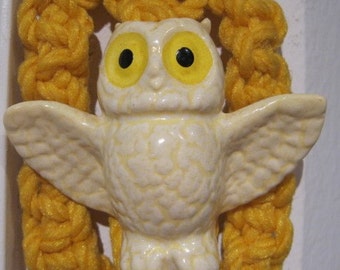 Vintage 1970s Yellow Macrame Ceramic Owl Hanger