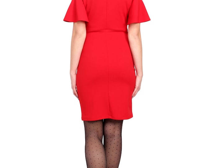 Pencil Red Dress, Black Dress, Ruffled Sleeve Dress, Open Shoulder Dress, Cocktail Dress