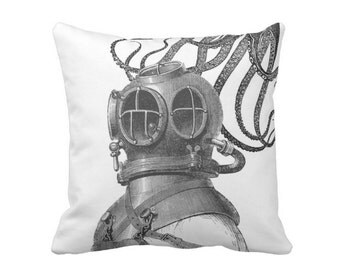 Vintage Scuba Guy with Octopus 16 or 20" Pillow or Cover, Black & White Retro Squid/Underwater/Helmet