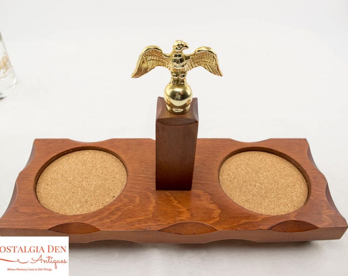 Vintage Creamer and Sugar Set on Wooden Tray | Clear Glass with Gold Federal Eagle