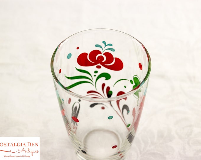 Vintage Glass Tumblers | 12 Oz PA Dutch Style Folk Art Glasses | Set of 7