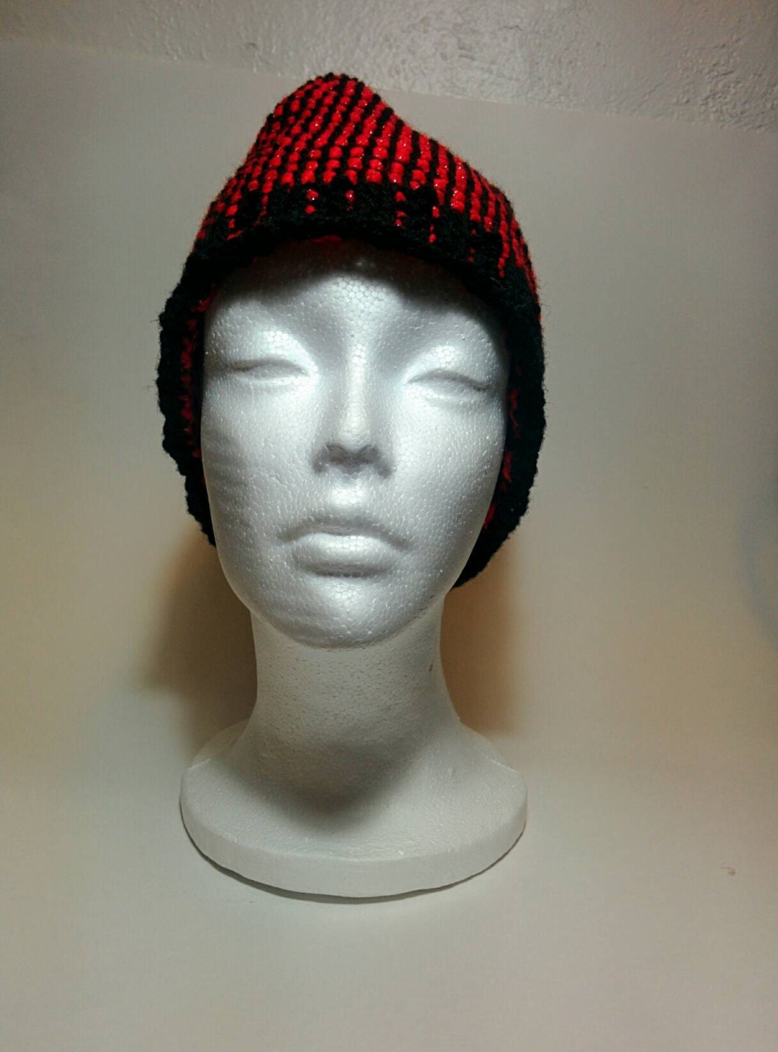 red and black punk rock beanie Slouchy crochet hat funky