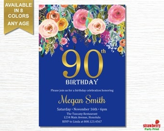 90th Birthday Invitations for Women. Surprise Birthday Invitation. Floral Birthday Invitation. Gold Foil. Cheers to 90 Years. A15