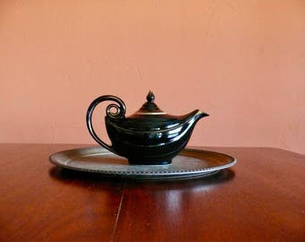 Black Hall Aladdin China Teapot, Gold Trim, Art Deco Genie Lamp Teapot, Retro Mid Century Tabletop