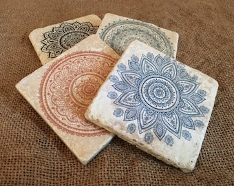 Yoga Mandalas Relaxation Meditation Tumbled Stone Tile Coaster Set, Tile Coasters, Travertine Coasters, Souvenir Coasters