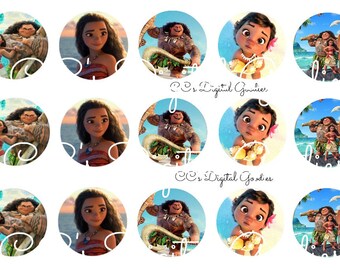 INSTANT DOWNLOAD-One Inch 4x6 Bottle Cap Image Sheet-Moana-Princess-Hawaii-Mauii-1 inch-bottlecap