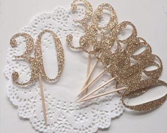 30th Birthday Cupcake Toppers - 30 - Dirty 30 - Thirtieth - Gold Glitter Number - Set of 6