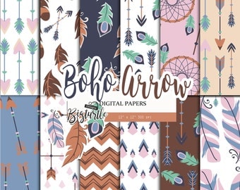 50% OFF SALE Boho arrow Digital Paper pack, feather digital paper,Scrapbook Paper ,arrow pattern, Printable Background, 12 JPG, 300dpi.