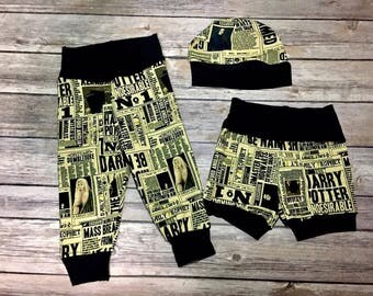 Harry Potter Daily Prophet baby clothes, pants, shorts, hats, coming home outfit, clothing set, new born, baby shower gift, geeky clothes