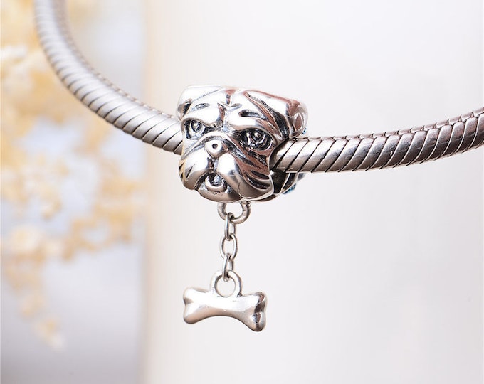 Bulldog Charm Fits European Charms Bracelet 925 Sterling Silver